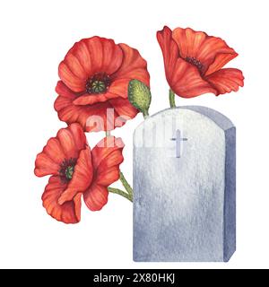 Rote Mohnblumen und Grabstein Symbol des Krieges, Memorial Day in den USA, Anzac Day in Australien. Denken Sie daran und ehren Sie. Damit Wir Es Nicht Vergessen. Handgezeichnet Stockfoto