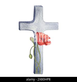 Rote Mohnblumen und Steinkreuz Symbol des Krieges, Memorial Day in den USA, Anzac Day in Australien. Denken Sie daran und ehren Sie. Damit Wir Es Nicht Vergessen. Handgezeichnet Stockfoto