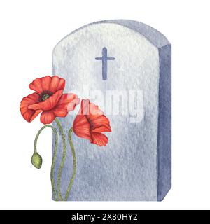Rote Mohnblumen und Grabstein Symbol des Krieges, Memorial Day in den USA, Anzac Day in Australien. Denken Sie daran und ehren Sie. Damit Wir Es Nicht Vergessen. Handgezeichnet Stockfoto