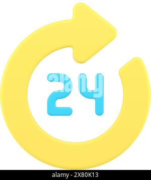 Glänzend eingekreister gelber Pfeil 24-Stunden-Vorlage realistische vektorgrafik mit 3D Symbolen. Abgerundete vierundzwanzig Stunden Label Mockup Information Button Einzelhandel Stock Vektor