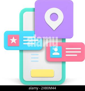 Smartphone-Positionskarte Anwendungstaste Benutzeroberfläche Fensterbezeichnung realistische 3D-Symbolvektorgrafik. Position der App für die Geolokalisierung des Mobiltelefons qu Stock Vektor