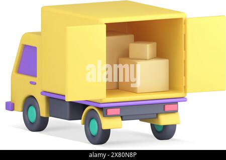 Gelber Frachtkurier Express Delivery LKW voll von Pappkartons Paket Container Paket realistische 3D Icon Vektor Illustration. logi für Frachtsendung Stock Vektor