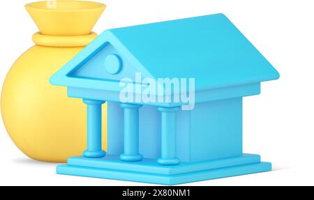 Alte blaue Bank Immobilien außen griechische Säulen Gebäude auf Sockel mit gelbem Sack des Geldes realistische 3D Icon Vektor Illustration. Antike Flosse Stock Vektor