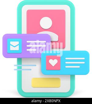 Liebe Dating Smartphone Anwendung Benutzeroberfläche neue Nachricht Cyberspace Benachrichtigung realistische 3D Icon Vektor Illustration. Date Meeting romantische REM Stock Vektor