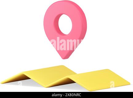 Rosafarbene Positionsnadel auf Papier Karte Richtung Zielfahrt Positionierung Navigationsschild realistische 3D-Symbolvektorgrafik. GPS-Transport Stock Vektor