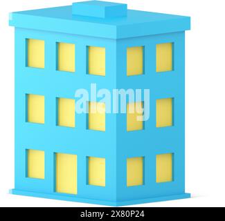 Städtisches Gebäude Außenimmobilien Stadt Wohnwohnung Geschäftsbüro isometrische 3D-Symbol realistische Vektorillustration. Blaues 3-stöckiges Hotel Stock Vektor