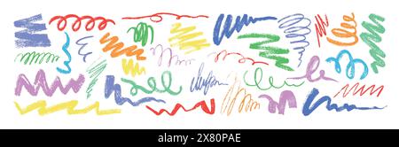 Vektor-Satz von Hand gezeichneter Kritzelung bunte Kohle Bleistift Squiggles und verschiedene Linien. Farbkreide Kritzeleien, Konturen, Skizzen, lockige oder Zickzacklinien. Grunge-Stiftstift, raue Wirbel oder dünne Kratzer Stock Vektor