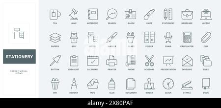 Darstellung des Geschäftsdiagramms zu Präsentations- und Kalendersymbolen, Datei in Ordner und Papierdokumenten, Laptop und Schreibtisch, Teetasse. Büro Schreibwaren dünne schwarze und rote Linien Symbole setzen Vektor-Illustration Stock Vektor