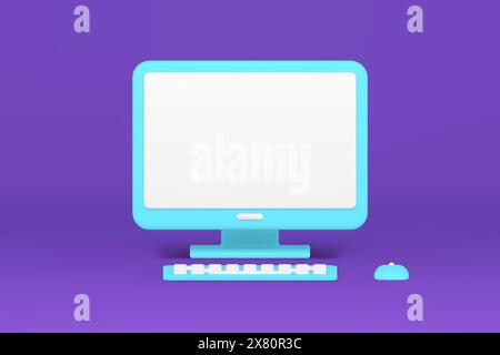 Computermonitor mit Tastatur und Maus 3D-Symbol. Blaues digitales Gadget für Arbeit und Freizeit. Moderne Hardware für Computer- und Büroanwendungen. Programmierung und Stock Vektor