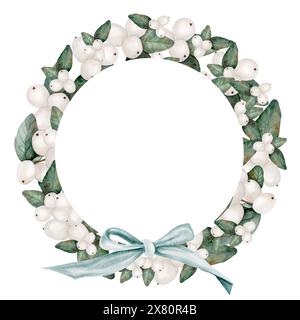 Mistel weiß Aquarell. Ein runder Kranz aus Zweigen mit Beeren und Bogen. Rahmenclip auf isoliertem weißem Hintergrund. Ideal für Hochzeiten Stockfoto