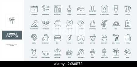 Rucksack und Koffer für Urlaub, Hotel und Taxi, Richtungssuche, Pass und Restaurant dünne schwarze und rote Umrisssymbole Vektorillustration. Sommer-Strandurlaub und Reiselinien Symbole gesetzt Stock Vektor