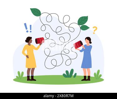 Schlechte Geschäftskommunikation, Missverständnisbarriere und Diskussionsproblem. Winzige Leute hören Sprache, unklare Botschaft und Informationen durch verworrene Telefonleitung Cartoon Vektor Illustration Stock Vektor