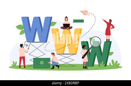 Klicken Sie hier, um zur Online-Website zu gehen, besuchen Sie die Website zum Einkaufen und Surfen im Internet, soziale Medien. Winzige Leute suchen mit Lupe www-Adresse der digitalen Seite Cartoon Vektor Illustration Stock Vektor