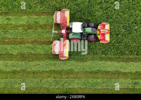 Themenfoto: Landwirtschaft. Ein Landwirt faehrt mit seinem Traktor ueber eine Wiese und maeht. Schlepper, Maehwerk, gemaehte Wiese, Weide, Gras, maehen, Landschaft, Traktorspuren. Maehmaschine, Doppelmaehwerk, Maehkombination, Schmetterlingsmaehwerk. *** Thema Foto Landwirtschaft Ein Landwirt fährt seinen Traktor über eine Wiese und mäht Traktor, Mähen, Mähen, Wiesen, Weiden, Gras, Mähen, Landschaft, Traktorketten Mähmaschine, Doppelmäher, Mähkombination, Schmetterlingsmäher Stockfoto