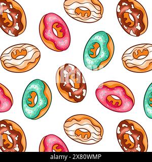 Nahtloses Muster mit Donuts im Cartoon-Stil. Sommer-Hintergrunddesign für Bäckerei. Vektorillustration auf weißem Hintergrund. Stock Vektor