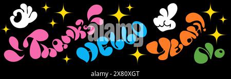 Naive, verspielte Zeichentrickhände, Sterne und Textset. Danke, Hallo, ja, kein Schriftzug im trendigen Retro-Stil. Ästhetik des Brutalismus. Vektorillustration mit welligen Elementen. Stock Vektor