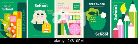 Schulhintergründe. Briefpapier, Bücher, ein Satz Bleistifte, ein Rucksack. Satz von flachen niedlichen Vektor-Illustrationen. Zurück zur Schule. Stock Vektor