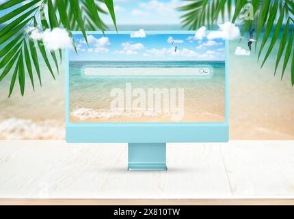 Computermonitor auf tropischem Sommer Hintergrund. Reisekonzept Stockfoto