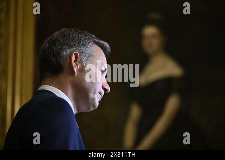 Brüssel, Belgien Mai 2024. Premierminister Alexander de Croo spricht mit der Presse nach einem Kerntreffen der Bundesregierung am Mittwoch, den 22. Mai 2024, in Brüssel. Die Minister werden die Lage in Gaza erörtern. Norwegen, Spanien und Irland haben heute bereits angekündigt, Palästina als Staat anzuerkennen. BELGA PHOTO ERIC LALMAND Credit: Belga News Agency/Alamy Live News Stockfoto