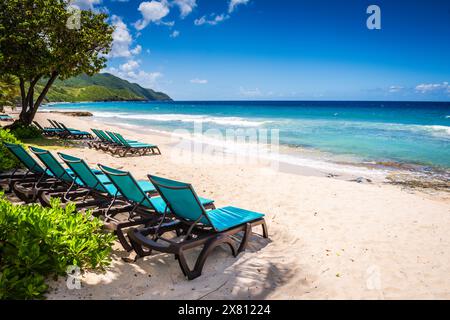 St. Croix, amerikanische Jungferninseln - 8. September 2016: Zwei Reihen von blauen Stoffstühlen säumen den weißen Sandstrand mit Blick auf das wunderschöne Karibische Meer. Stockfoto