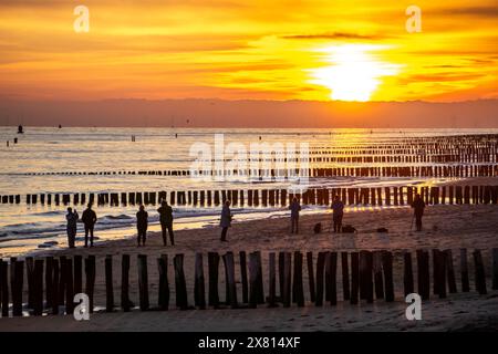 Sonnenuntergang am Strand von Zoutelande, Strand mit Holzpfahlbrüchen, Zeeland, Niederlande Stockfoto