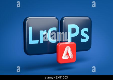 Konzept: Adobe Photoshop und Adobe Lightroom Classic integrieren immer mehr Firefly-KI-Funktionen. Logos von Adobe Photoshop und Lightroom CLA Stockfoto