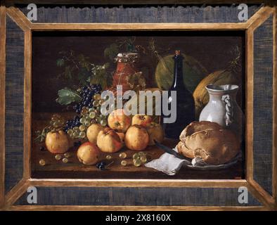 Stillleben mit Äpfeln, Trauben, Melonen, Brot, Krug und Flasche, 1771, Luis Egidio Meléndez, (Nàpols, 1716 - Madrid, 1780), Nationalmuseum Katalanisch A Stockfoto