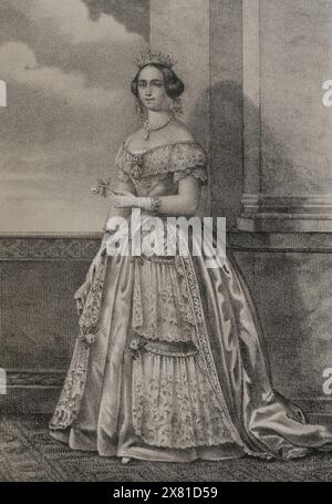 Josephine von Leuchtenberg (1807-1876). Königin von Schweden und Norwegen (1844–1859) als Ehefrau von König Oscar I. (1799–1859). Hochformat. Zeichnung von C. Legrand. Lithographie von J. Donón. Reyes Contemporáneos (Zeitgenössische Könige). Band III. Veröffentlicht in Madrid, 1854. Stockfoto