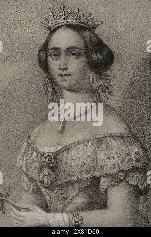 Josephine von Leuchtenberg (1807-1876). Königin von Schweden und Norwegen (1844–1859) als Ehefrau von König Oscar I. (1799–1859). Hochformat. Zeichnung von C. Legrand. Lithographie von J. Donón. Details. Reyes Contemporáneos (Zeitgenössische Könige). Band III. Veröffentlicht in Madrid, 1854. Stockfoto