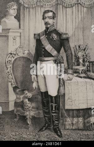 Napoleon III (1808-1873). Präsident der Zweiten Französischen Republik (1848-1852) und späterer Kaiser der Franzosen (1852-1870). Hochformat. Zeichnung von C. Legrand. Lithographie von J. Donón. Reyes Contemporáneos (Zeitgenössische Könige). Band III. Veröffentlicht in Madrid, 1854. Stockfoto