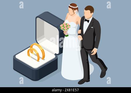 Isometrische goldene Eheringe in einer Geschenkbox, der Bräutigam in einem Anzug und die Braut in einem braunen Hochzeitskleid. Hochzeitszeremonie. Hochzeitstag. Stock Vektor
