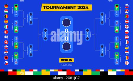 Fußball 2024 Spielplan Turnier Wandtafel Halterung Fußball Ergebnisse Tabelle mit Fahnen der europäischen Länder Vektor Illustration. Stock Vektor