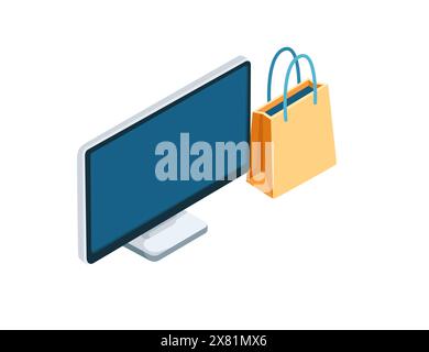Computer-Display-Monitor mit Papier-Einkaufstasche Konzept der Online-Shopping-Vektor-Illustration isoliert auf weißem Hintergrund Stock Vektor