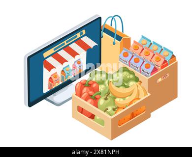 Computer-Display-Monitor mit Zelt und Holzkiste mit Lebensmittelwaren Online-Shopping Konzept Vektor-Illustration isoliert auf weißem Hintergrund Stock Vektor