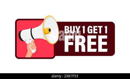 Beim Kauf Einer Person Erhalten Sie Eine Gratis Dazu. 1 Kaufen Und Gratis Erhalten. Halten Sie den Megaphonlautsprecher für die Ankündigung mit der Hand. Achtung, bitte. Schreiende Leute, Werbesprache Symbol Stock Vektor