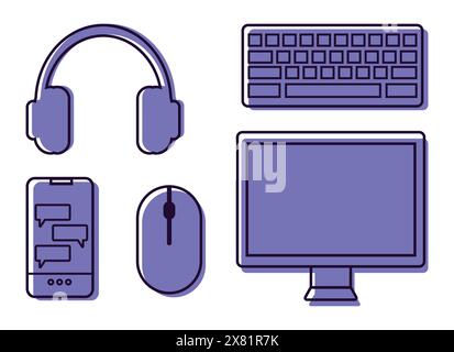 Technologie Home-Office-Leitungssymbole gesetzt. Symbole für Computermonitor, Tastatur, Maus, Kopfhörer und Smartphone. Vektorabbildung Stock Vektor