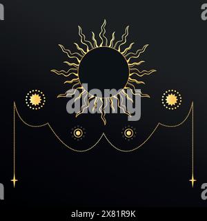 Goldenes himmlisches Emblem mit einer Sonne, die mit einer Girlande verziert ist. Rätsel, Astrologie, esoterische Vorstellung. Vektorabbildung Stock Vektor