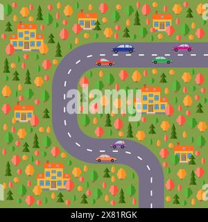 Plan des Dorfes. Landschaft mit Straße, Wald, Autos und Häusern. Vektorabbildung Stock Vektor