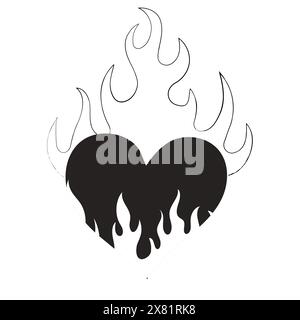 Herzflamme y2k Gothic Tattoo Neo Tribal isoliert auf weißem Hintergrund. Retro-Dekoration der 90er Jahre, Emo-Symbol. Liebe, romantische Form. Vektorabbildung Stock Vektor