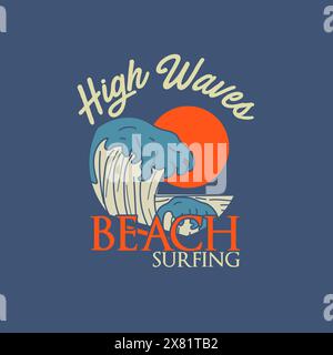 High Waves Beach Surfing Sommer-T-Shirt mit Grafik zum Sonnenuntergang Stock Vektor