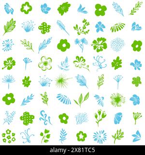 Muster mit Blumenschmuck. Nahtlose Hintergrundgrafik einfache Blumen blau und grün. Handzeichnung. Nicht AI. Vektorabbildung Stock Vektor