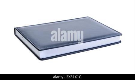 Neues geschlossenes blaues Geschäftstagebuch isoliert auf weiß. Stockfoto