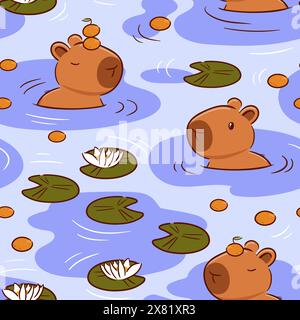 Süße Capybara mit einer Mandarine auf dem Kopf im asiatischen Kawaii-Stil. Zeichentrickfigur. Lustige Vektor-Illustration für Aufkleber, Logo, Maskottchen, isolierte el Stock Vektor