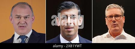 Fotokomposit von (links nach rechts) dem Führer der Liberal Democrat Party Sir Ed Davey, dem Premierminister Rishi Sunak und dem Führer der Labour Party Sir Keir Starmer. Premierminister Rishi Sunak hat für Donnerstag, den 4. Juli, eine allgemeine Wahl einberufen. Bilddatum: Mittwoch, 22. Mai 2024. Stockfoto