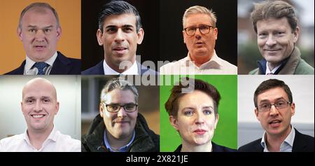 Foto-Composite (oben, links nach rechts) des Vorsitzenden der Liberal Democrat Party Sir Ed Davey, des Premierministers Rishi Sunak, des Vorsitzenden der Labour Party Sir Keir Starmer, des Vorsitzenden der Reform UK Richard Tice (unten, links nach rechts) des SNP Westminster-Führers Stephen Flynn, DUP-Interimsvorsitzender und Interimsvorsitzender von Westminster Gavin Robinson und die Co-Vorsitzenden der Grünen Partei Carla Denyer und Adrian Ramsay. Bilddatum: Mittwoch, 22. Mai 2024. Stockfoto