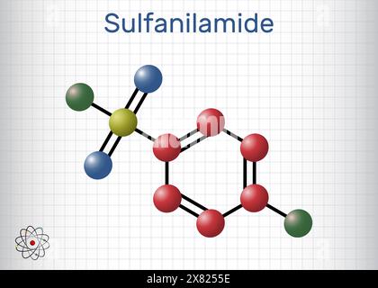 Sulfanilamid, Sulfanilamidmolekül. Es ist ein antibakterielles Medikament. Molekülmodell. Blatt Papier in einem Käfig Stock Vektor