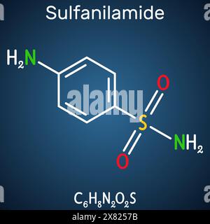 Sulfanilamid, Sulfanilamidmolekül. Es ist ein antibakterielles Medikament. Strukturelle chemische Formel auf dunkelblauem Hintergrund. Stock Vektor