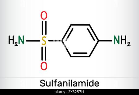 Sulfanilamid, Sulfanilamidmolekül. Es ist ein antibakterielles Medikament. Die chemische Formel des Skeletts. Stock Vektor