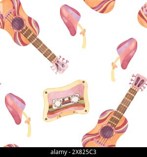 Nahtloses Muster mit Retro-Gitarre, Klebeband und Pilzen in Aquarellfarben. Vintage Hippie-Musik Textil-Clipart. Handgezeichneter nostalgischer Druck für Kleidung, Tapeten, Verpackung, Scrapbooking Stockfoto