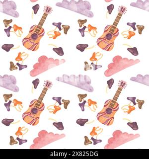 Nahtloses Muster mit Retro-Gitarre, Band, Wolken und Pilzen in Aquarellfarben. Vintage Hippie-Musik Textil-Clipart. Handgezeichneter nostalgischer Druck für Kleidung, Tapeten, Verpackung, Scrapbooking Stockfoto
